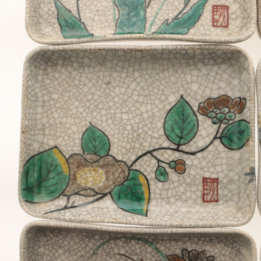 ■ 京都 粟田口焼 色絵図替 角皿 6客/六枚セット 絵替 絵変り 薊 椿 柳橋 菊 梅萩 草花 文 柄 乾山写し 陶印 陶器 銘々 四方 中皿