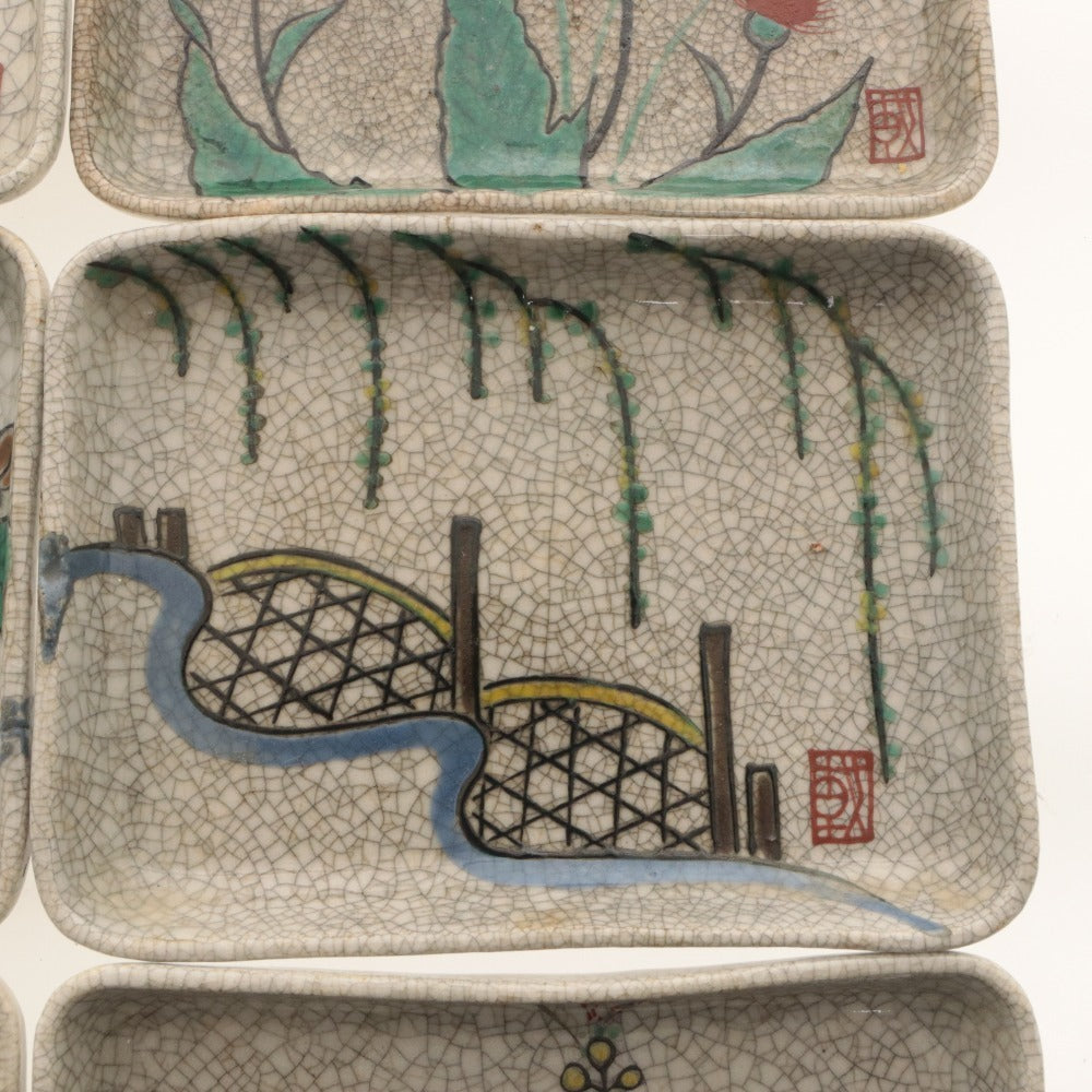 ■ 京都 粟田口焼 色絵図替 角皿 6客/六枚セット 絵替 絵変り 薊 椿 柳橋 菊 梅萩 草花 文 柄 乾山写し 陶印 陶器 銘々 四方 中皿