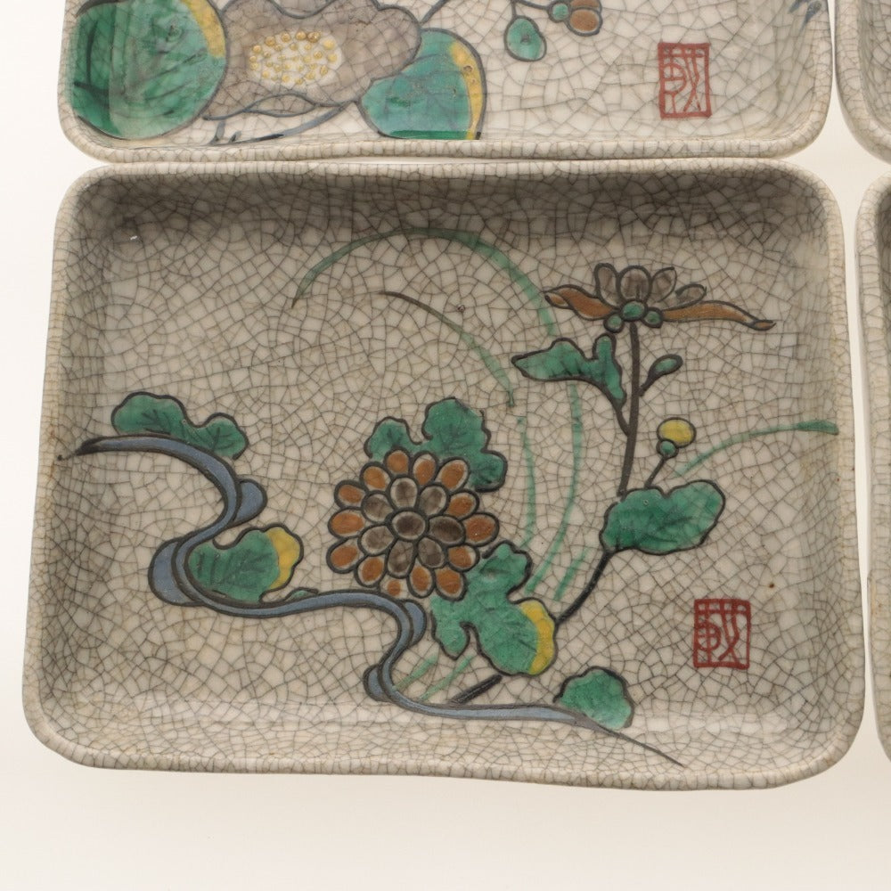 ■ 京都 粟田口焼 色絵図替 角皿 6客/六枚セット 絵替 絵変り 薊 椿 柳橋 菊 梅萩 草花 文 柄 乾山写し 陶印 陶器 銘々 四方 中皿