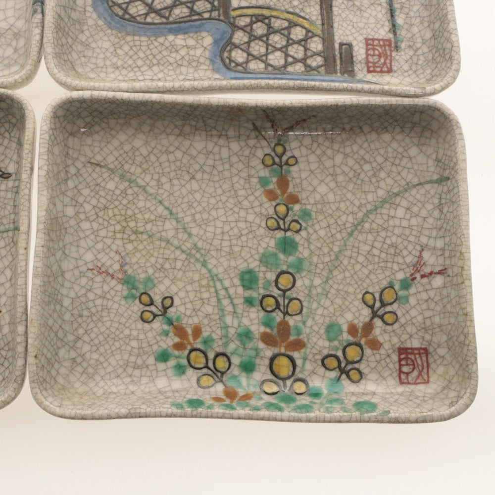 ■ 京都 粟田口焼 色絵図替 角皿 6客/六枚セット 絵替 絵変り 薊 椿 柳橋 菊 梅萩 草花 文 柄 乾山写し 陶印 陶器 銘々 四方 中皿