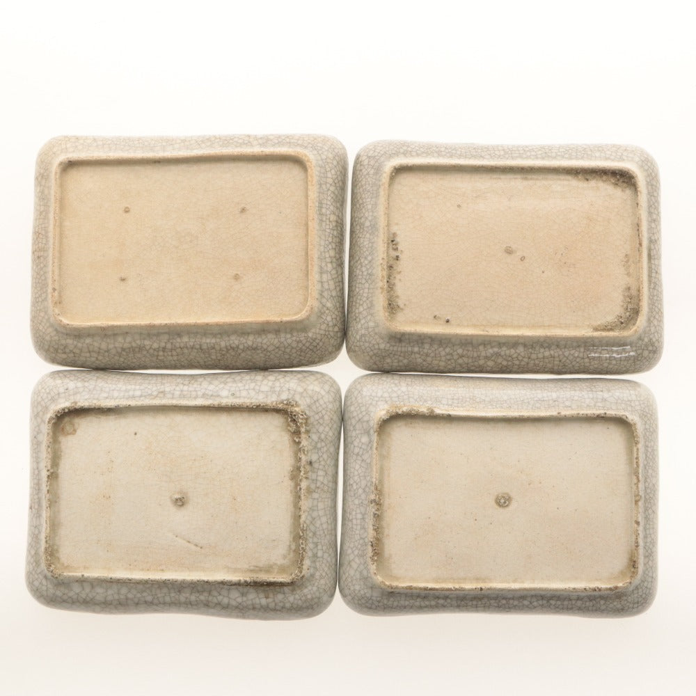 ■ Kyoto Awataguchi Ware Overglaze Enamel Bamboo-Patterned Square Plate, Set of 4/Four-Piece Set, Floral Design, Kenzan Style, Crazed Glaze, Appetizer Plate, Signed, Seal Mark, Ceramic, Square Medium Plate, Antique, Overall Length 18 cm