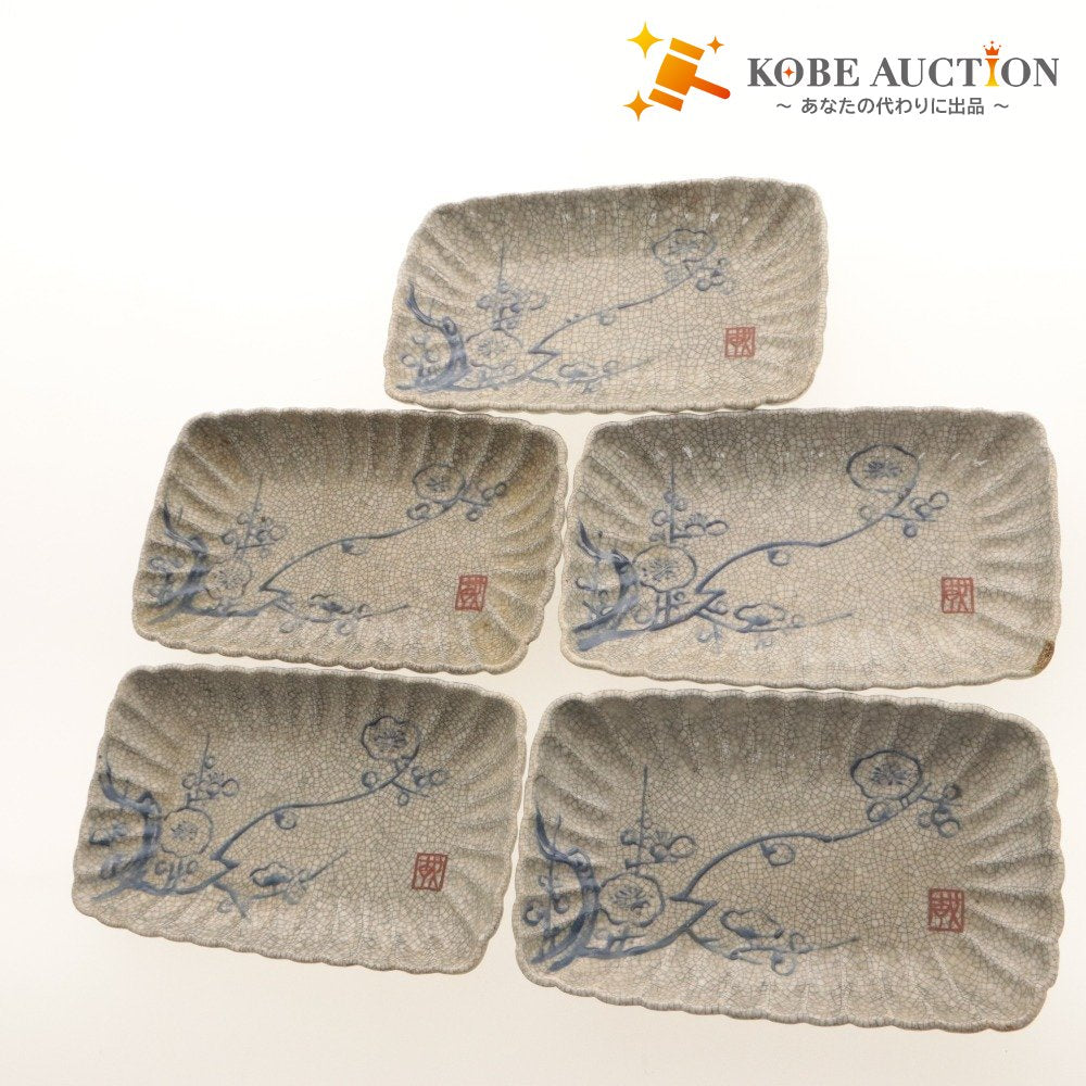 ■ Kyoto Awataguchi Ware Overglaze Enamel Plum Blossom Pattern Rinka Plate 5 Pieces/Set of Five, Kenzan Style, Crazed Glaze, Signed, Seal, Ceramic, Rectangular Medium Plate, Antique, Overall Length 21.5 cm