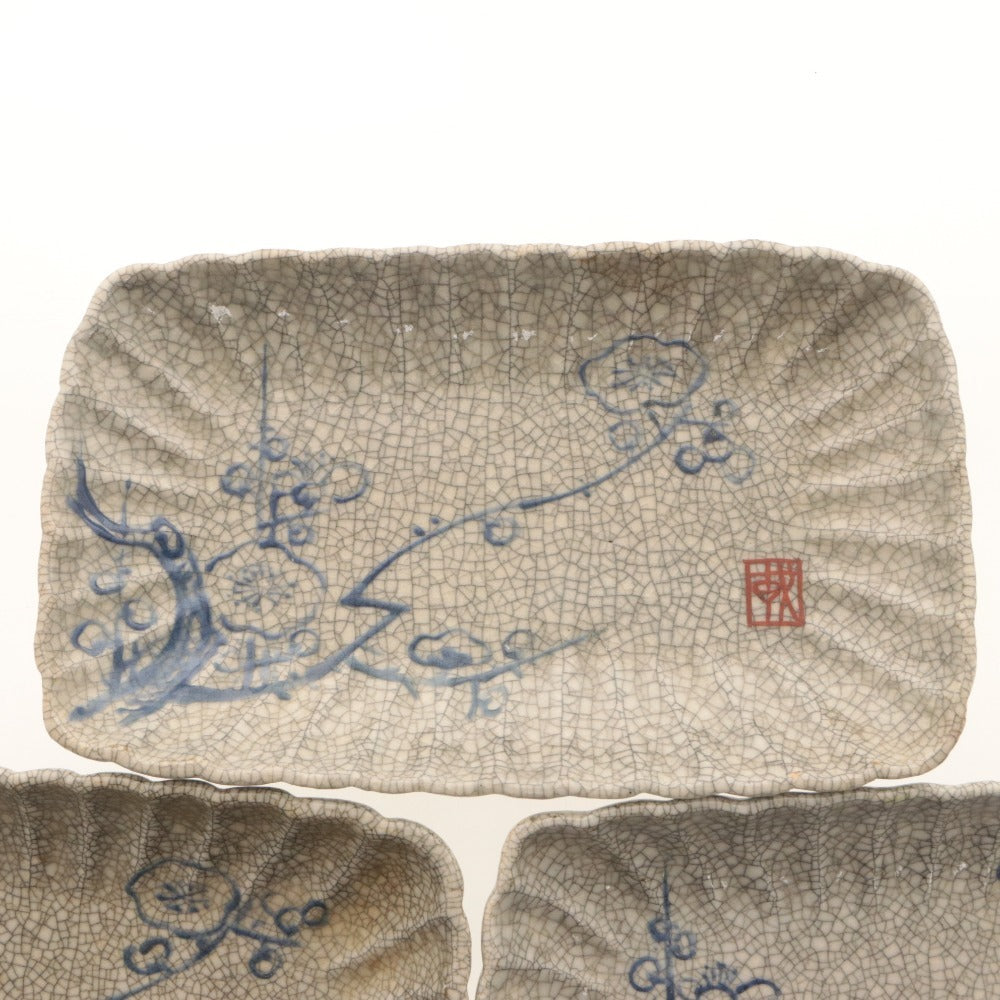 ■ Kyoto Awataguchi Ware Overglaze Enamel Plum Blossom Pattern Rinka Plate 5 Pieces/Set of Five, Kenzan Style, Crazed Glaze, Signed, Seal, Ceramic, Rectangular Medium Plate, Antique, Overall Length 21.5 cm