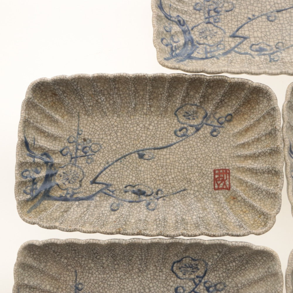 ■ Kyoto Awataguchi Ware Overglaze Enamel Plum Blossom Pattern Rinka Plate 5 Pieces/Set of Five, Kenzan Style, Crazed Glaze, Signed, Seal, Ceramic, Rectangular Medium Plate, Antique, Overall Length 21.5 cm