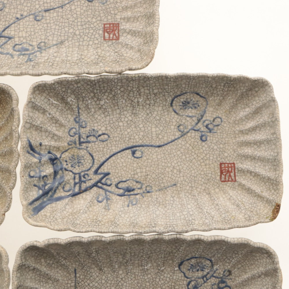 ■ Kyoto Awataguchi Ware Overglaze Enamel Plum Blossom Pattern Rinka Plate 5 Pieces/Set of Five, Kenzan Style, Crazed Glaze, Signed, Seal, Ceramic, Rectangular Medium Plate, Antique, Overall Length 21.5 cm