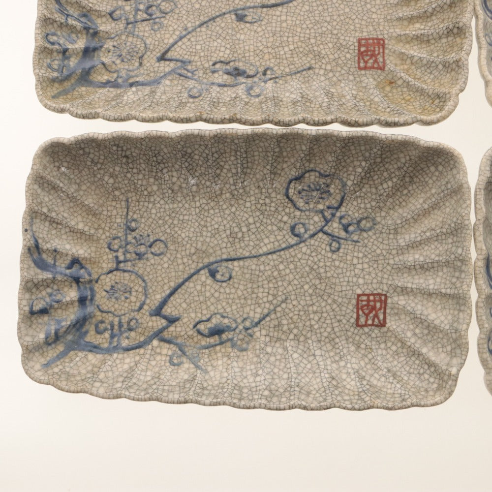 ■ Kyoto Awataguchi Ware Overglaze Enamel Plum Blossom Pattern Rinka Plate 5 Pieces/Set of Five, Kenzan Style, Crazed Glaze, Signed, Seal, Ceramic, Rectangular Medium Plate, Antique, Overall Length 21.5 cm