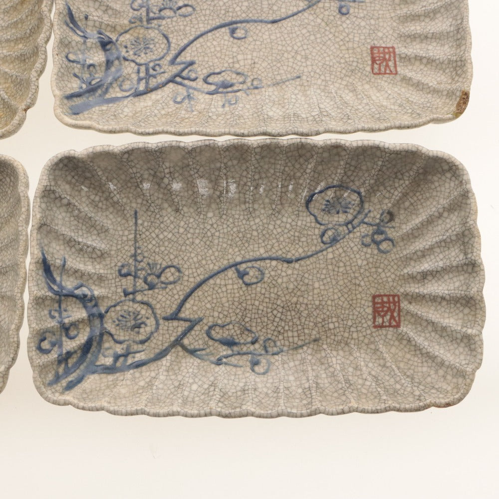 ■ Kyoto Awataguchi Ware Overglaze Enamel Plum Blossom Pattern Rinka Plate 5 Pieces/Set of Five, Kenzan Style, Crazed Glaze, Signed, Seal, Ceramic, Rectangular Medium Plate, Antique, Overall Length 21.5 cm