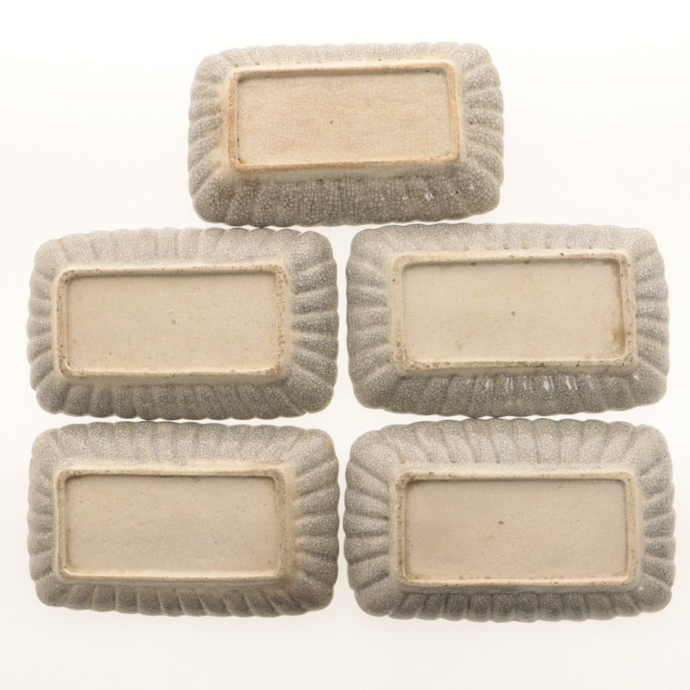 ■ Kyoto Awataguchi Ware Overglaze Enamel Plum Blossom Pattern Rinka Plate 5 Pieces/Set of Five, Kenzan Style, Crazed Glaze, Signed, Seal, Ceramic, Rectangular Medium Plate, Antique, Overall Length 21.5 cm