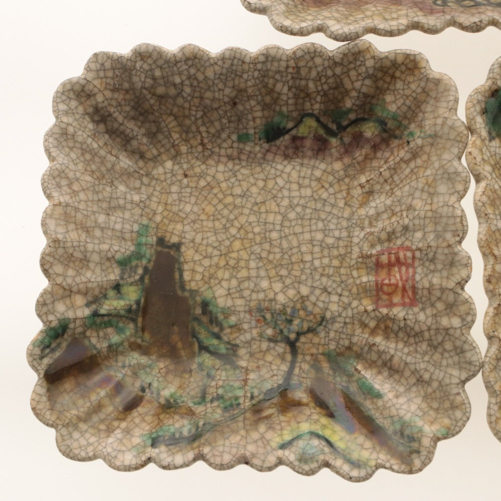 ■ 京都 粟田口焼 色絵図替 四方皿 5客/五枚セット 絵替 絵変り 柳橋 岩草木 松 花 乾山写し ひび焼 陶印 陶器 銘々 輪花 小皿 骨董