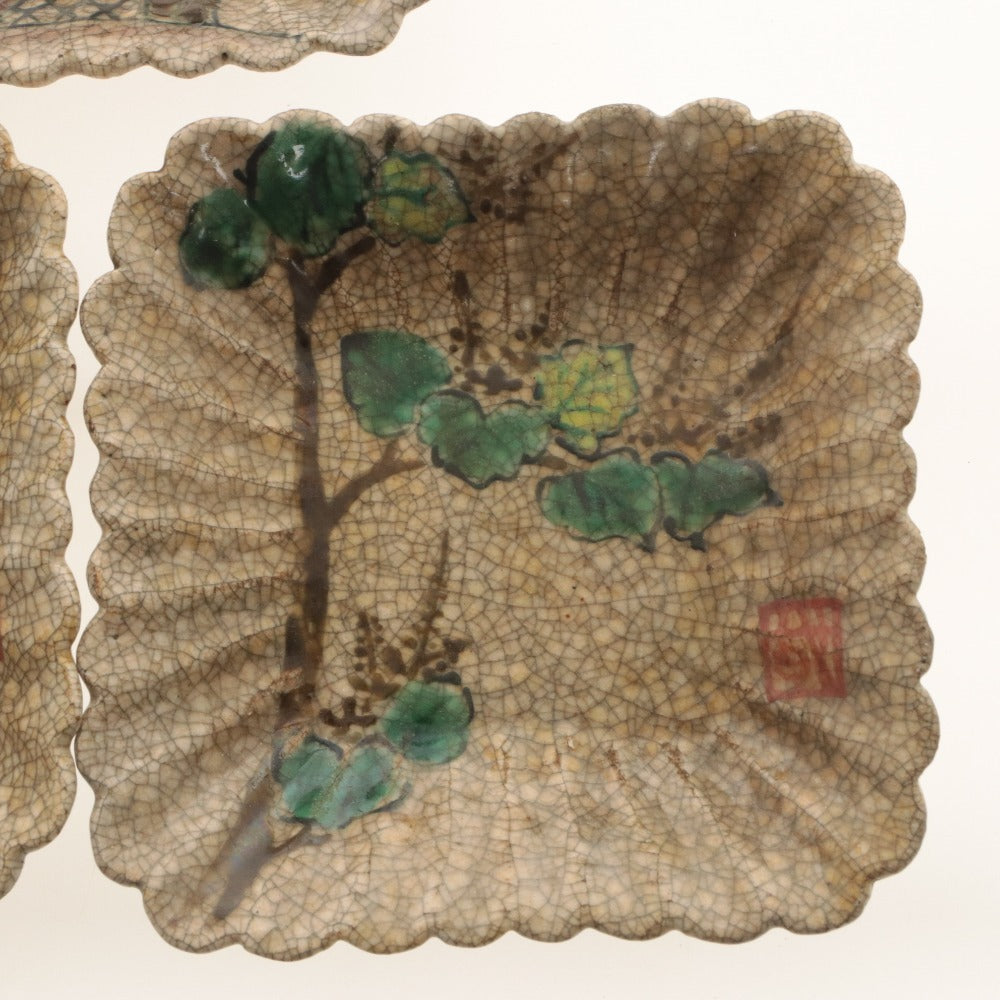 ■ 京都 粟田口焼 色絵図替 四方皿 5客/五枚セット 絵替 絵変り 柳橋 岩草木 松 花 乾山写し ひび焼 陶印 陶器 銘々 輪花 小皿 骨董
