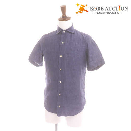 Finamore Men's Short Sleeve Shirt (35352), Made in Italy, 100% Linen, Size 37 (equivalent to XS), Navy