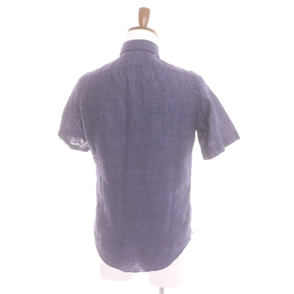 Finamore Men's Short Sleeve Shirt (35352), Made in Italy, 100% Linen, Size 37 (equivalent to XS), Navy