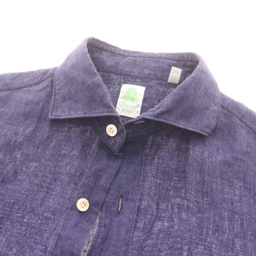 Finamore Men's Short Sleeve Shirt (35352), Made in Italy, 100% Linen, Size 37 (equivalent to XS), Navy