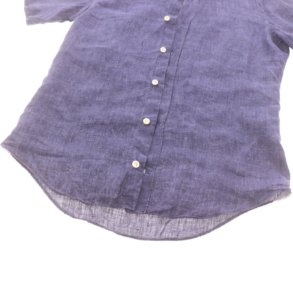 Finamore Men's Short Sleeve Shirt (35352), Made in Italy, 100% Linen, Size 37 (equivalent to XS), Navy
