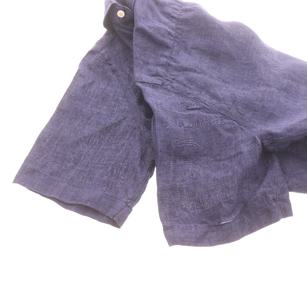 Finamore Men's Short Sleeve Shirt (35352), Made in Italy, 100% Linen, Size 37 (equivalent to XS), Navy