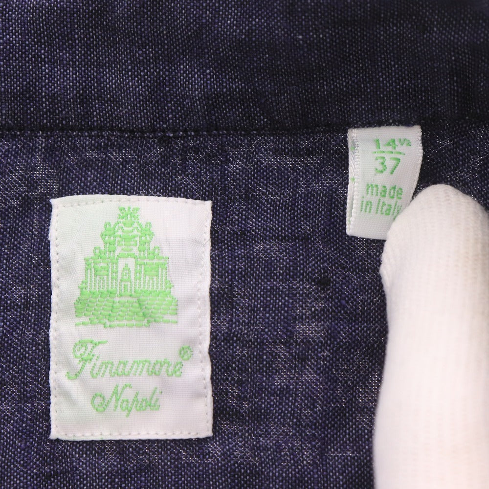 Finamore Men's Short Sleeve Shirt (35352), Made in Italy, 100% Linen, Size 37 (equivalent to XS), Navy