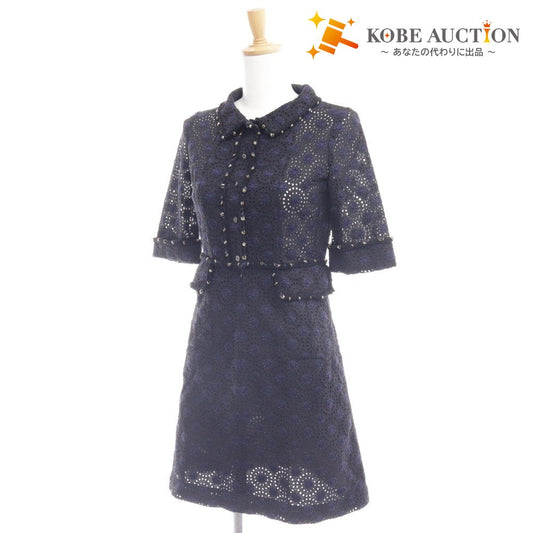 ■ シャネル ミニ ワンピース 半袖 カットワーク ボーラーレース 花柄 レディース 36 ネイビー P28212V18346 M4409 トップス ボトムス