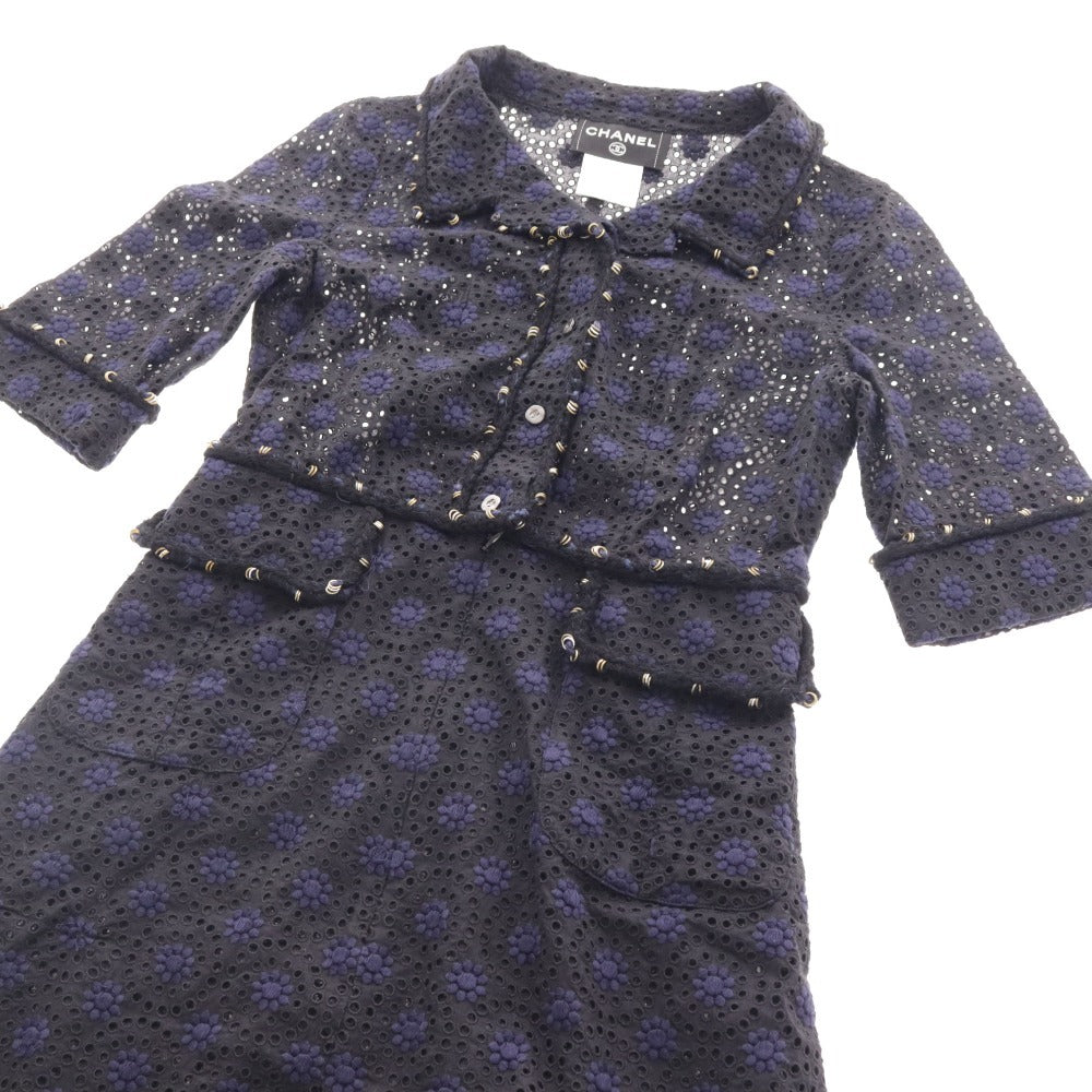 ■ シャネル ミニ ワンピース 半袖 カットワーク ボーラーレース 花柄 レディース 36 ネイビー P28212V18346 M4409 トップス ボトムス