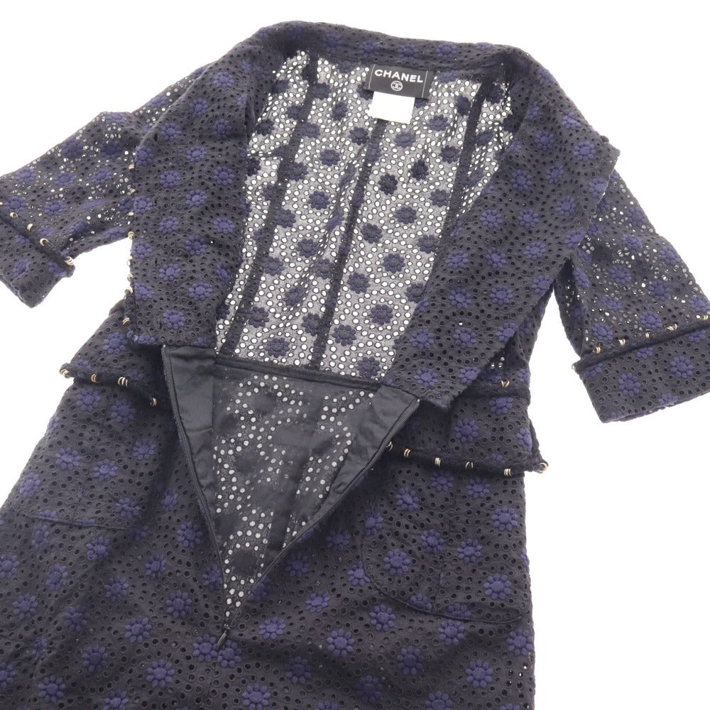 ■ シャネル ミニ ワンピース 半袖 カットワーク ボーラーレース 花柄 レディース 36 ネイビー P28212V18346 M4409 トップス ボトムス