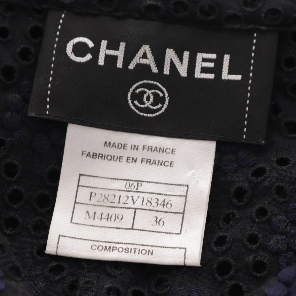■ シャネル ミニ ワンピース 半袖 カットワーク ボーラーレース 花柄 レディース 36 ネイビー P28212V18346 M4409 トップス ボトムス