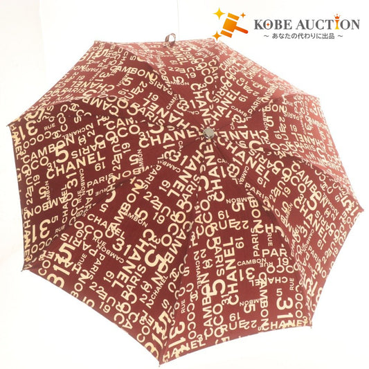 ■ CHANEL Chanel Umbrella Folding Umbrella Automatic Opening Umbrella Biarritz Line Logo All Over Pattern Cotton Women's Red