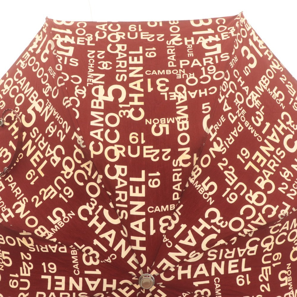 ■ CHANEL シャネル 傘 折り畳み傘 ジャンプ傘 バイシーライン ロゴ 総柄 コットン レディース レッド系