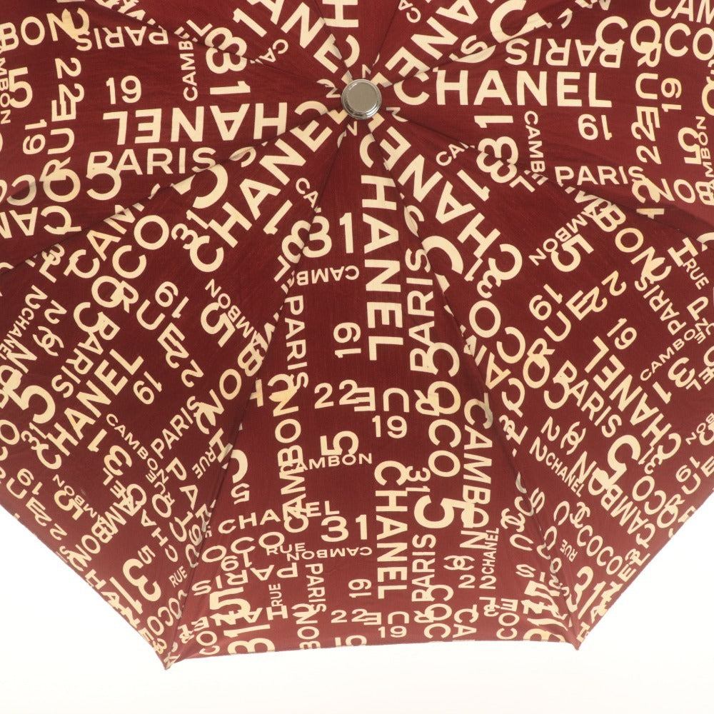 ■ CHANEL シャネル 傘 折り畳み傘 ジャンプ傘 バイシーライン ロゴ 総柄 コットン レディース レッド系