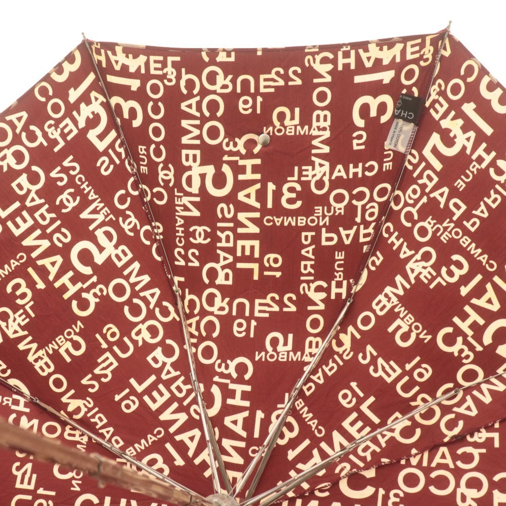 ■ CHANEL シャネル 傘 折り畳み傘 ジャンプ傘 バイシーライン ロゴ 総柄 コットン レディース レッド系