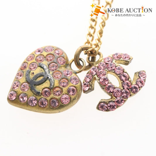 ■ CHANEL シャネル ネックレス アクセサリー 02P ココマーク ハート ラインストーン フランス製 重量10g ゴールド