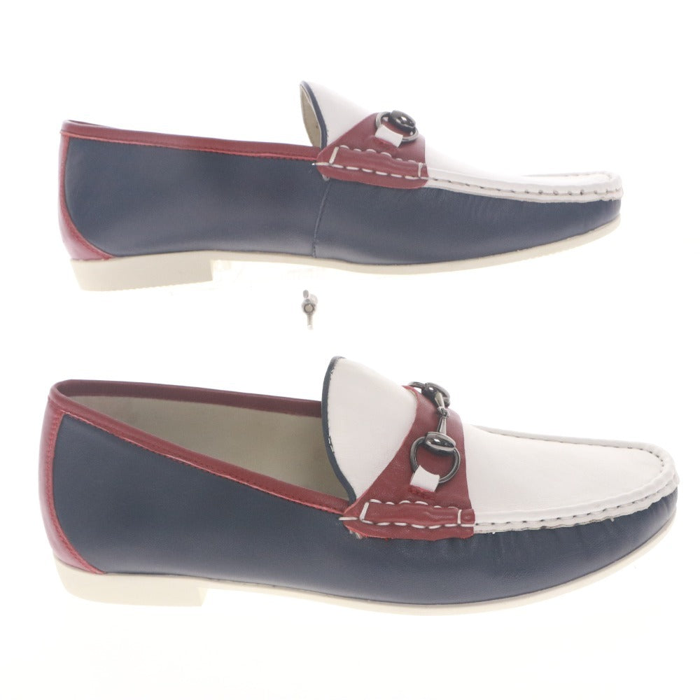 ■ GUCCI Slip-on Shoes Horsebit Accent Leather Boat Shoes Loafers 361-01R B 270 (2・5) Men's 27cm White Navy Red-Brown