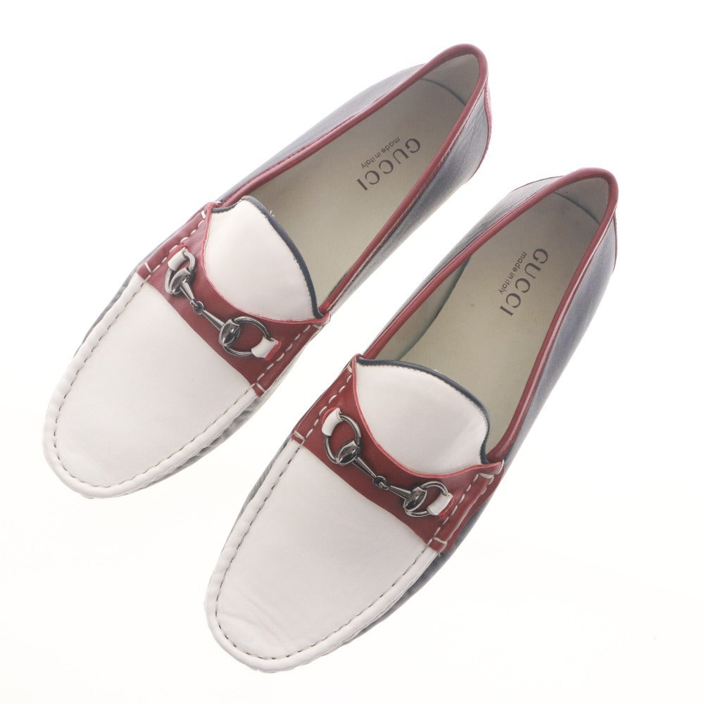 ■ GUCCI Slip-on Shoes Horsebit Accent Leather Boat Shoes Loafers 361-01R B 270 (2・5) Men's 27cm White Navy Red-Brown