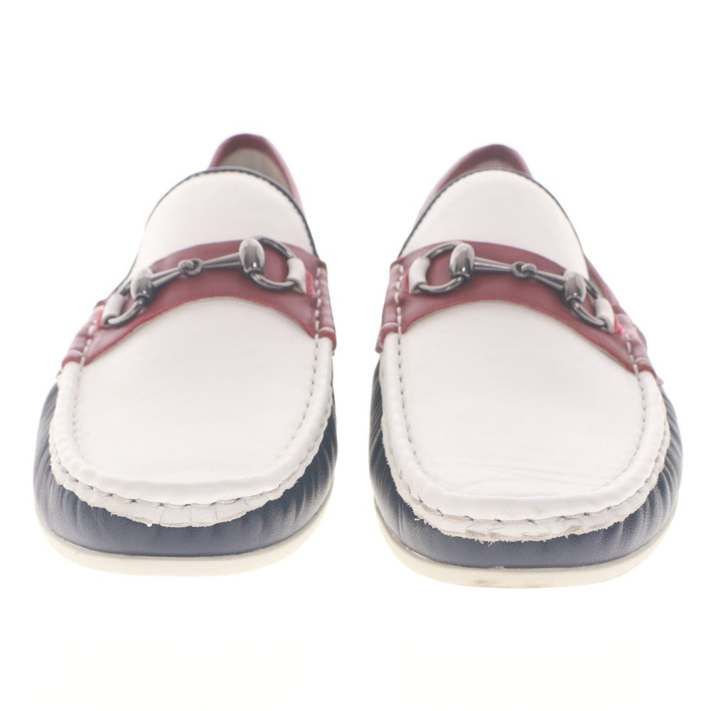 ■ GUCCI Slip-on Shoes Horsebit Accent Leather Boat Shoes Loafers 361-01R B 270 (2・5) Men's 27cm White Navy Red-Brown