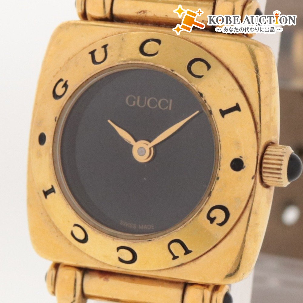 ■ GUCCI グッチ 腕時計 ホースビット 6300L 刻印 0062904 クオーツ スクエア ヴィンテージ レディース ゴールド ブラック 動作未確認