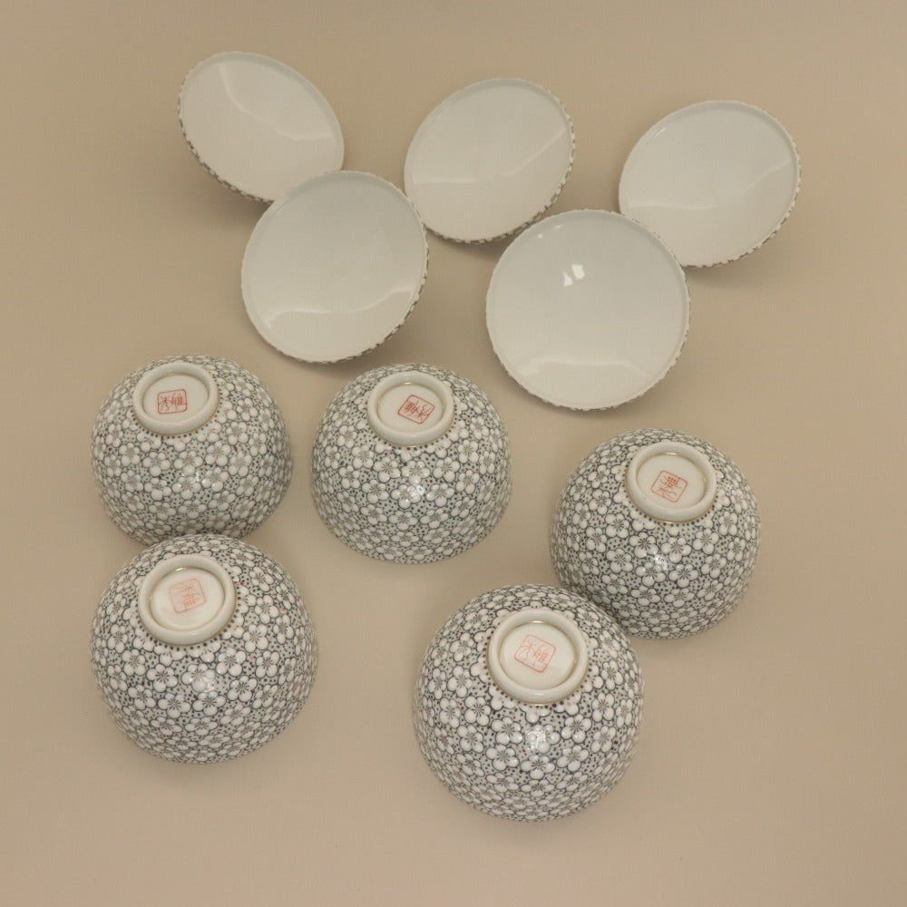 ■ Masahide Arita Ware Teaware Set, Teapot with Lid, Yunomi Tea Cups, Gyokusaibai-zume Design, Set of 5, Signed, with Original Box, Unused