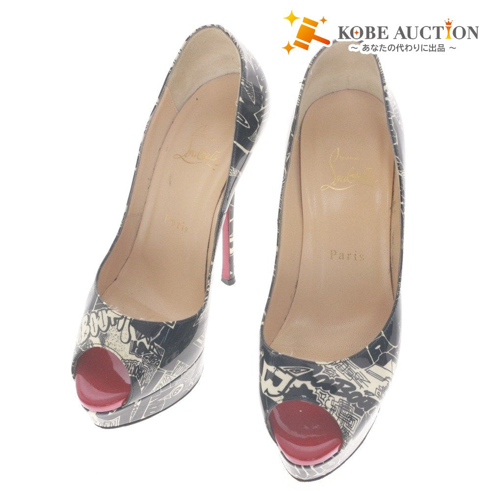■ クリスチャンルブタン Christian Louboutin パンプス サンダル 靴 ハイヒール オープントゥ 総柄 レディース 37 (24.0cm相当) ブラック