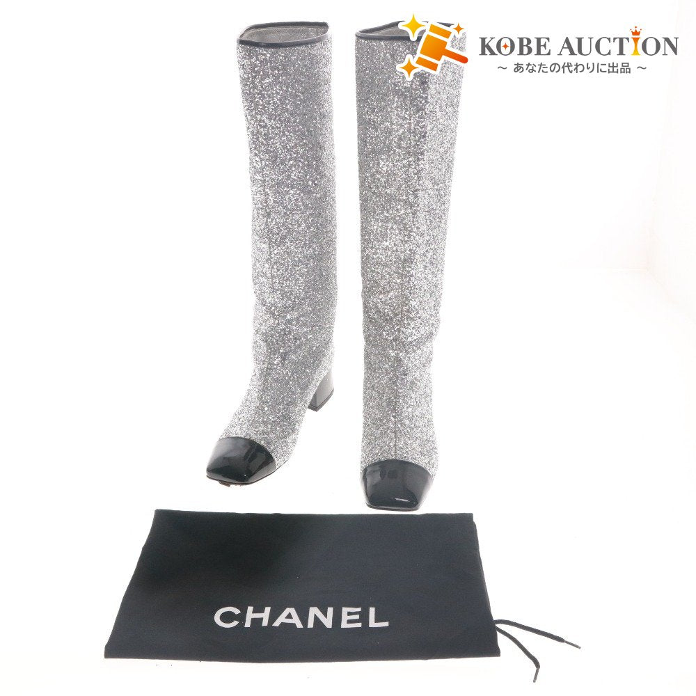 ■ CHANEL シャネル ロング ブーツ シューズ 靴 ココマーク スパンコール レディース 37C (23.5cm~24.0cm相当) シルバー
