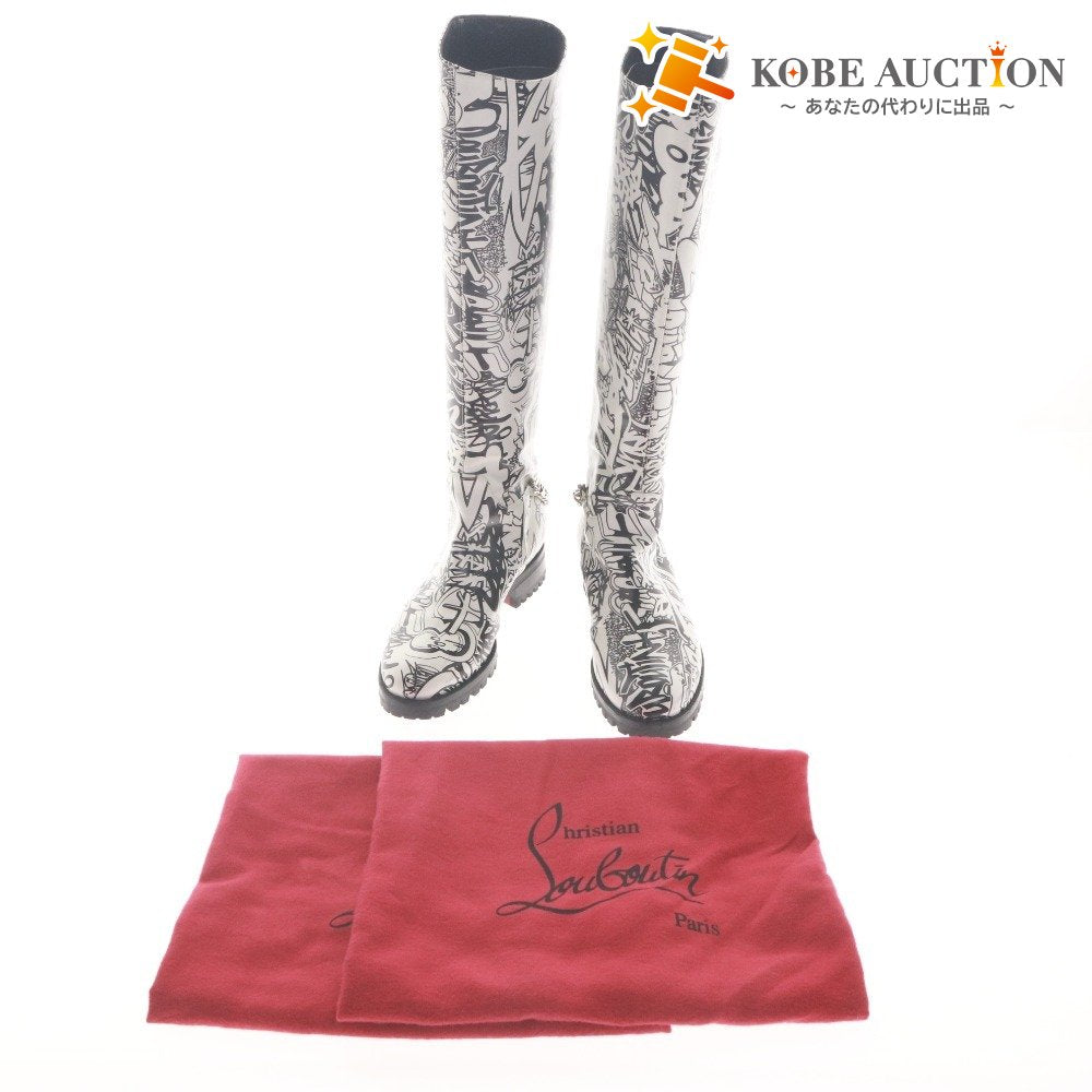 ■ Christian Louboutin クリスチャンルブタン ロング ブーツ シューズ 靴 総柄 メンズ レディース 37 (23.5cm相当) ホワイト ブラック