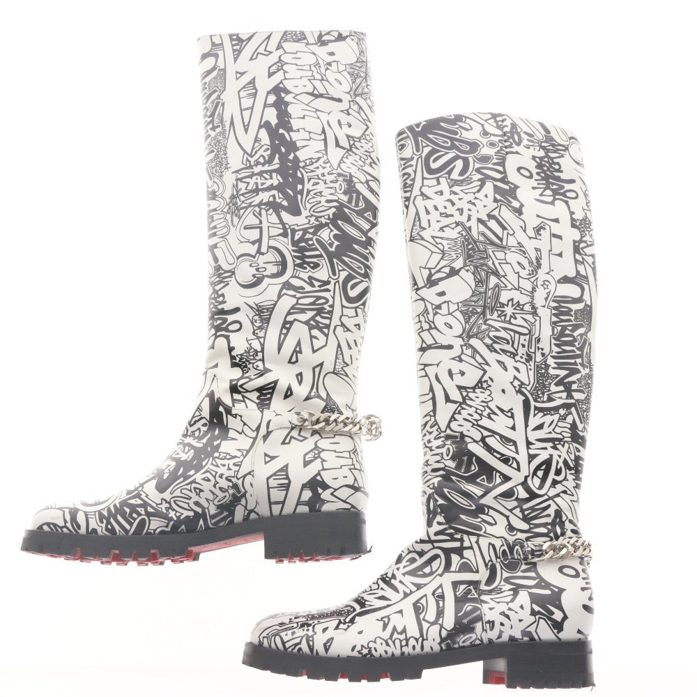 ■ Christian Louboutin クリスチャンルブタン ロング ブーツ シューズ 靴 総柄 メンズ レディース 37 (23.5cm相当) ホワイト ブラック