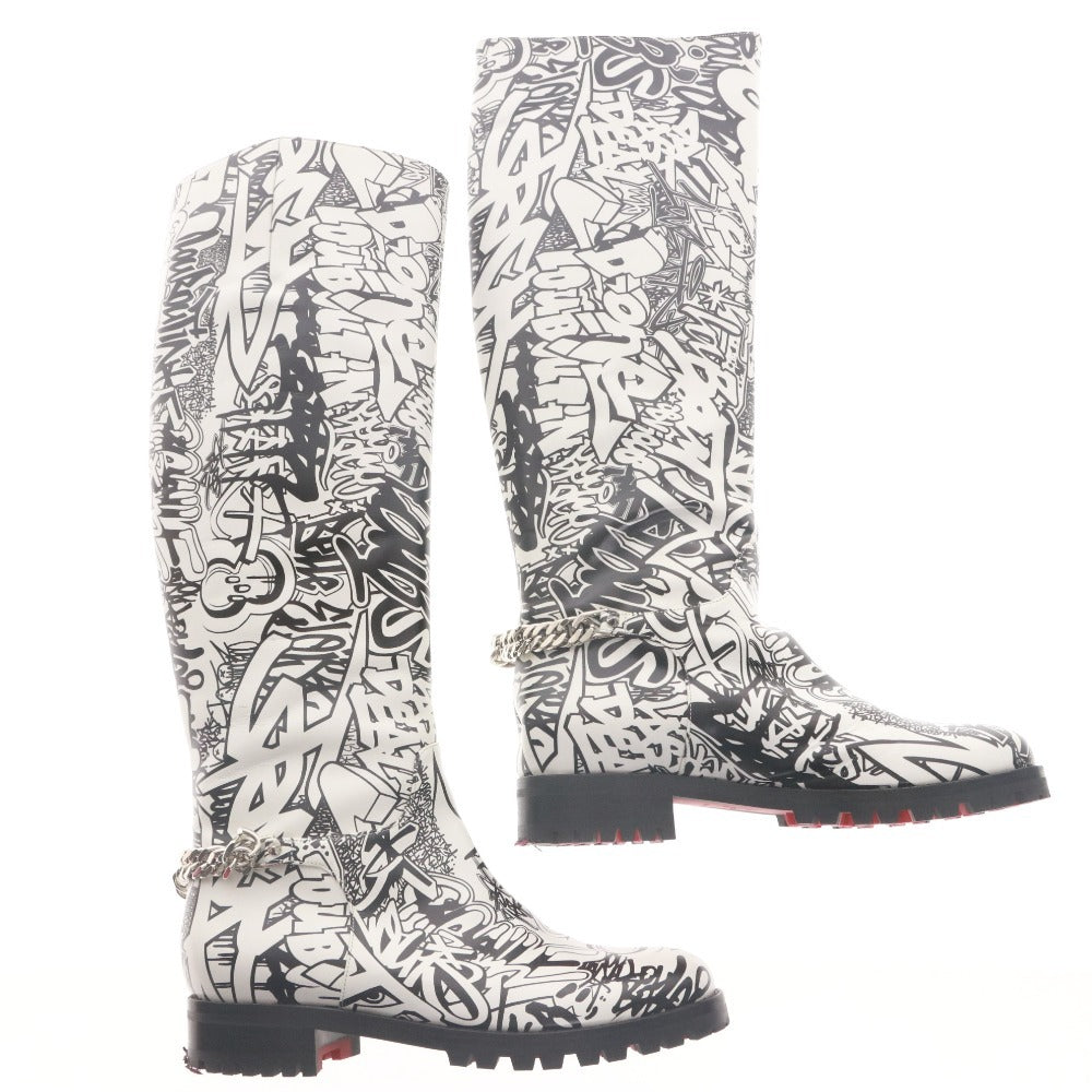■ Christian Louboutin クリスチャンルブタン ロング ブーツ シューズ 靴 総柄 メンズ レディース 37 (23.5cm相当) ホワイト ブラック