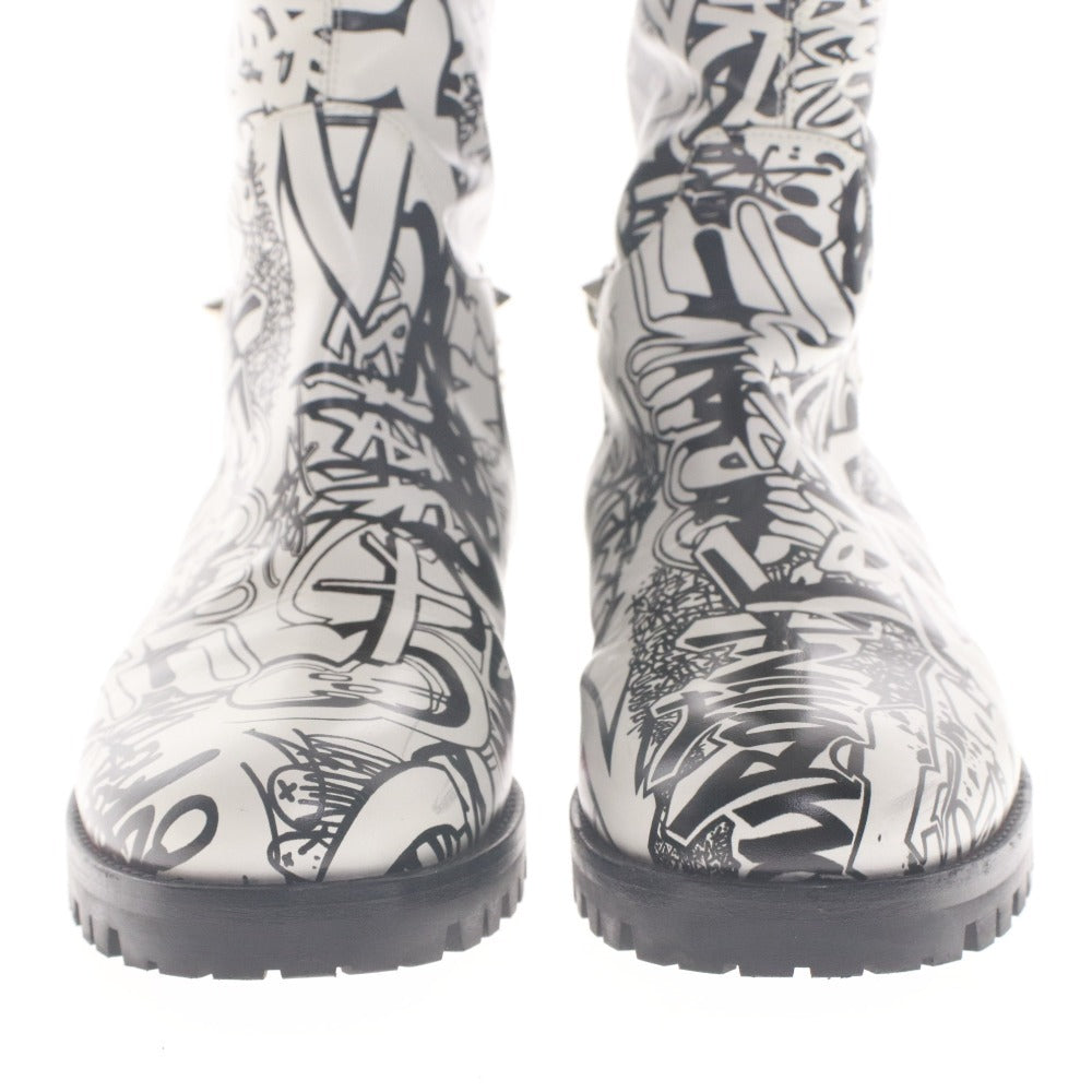 ■ Christian Louboutin クリスチャンルブタン ロング ブーツ シューズ 靴 総柄 メンズ レディース 37 (23.5cm相当) ホワイト ブラック