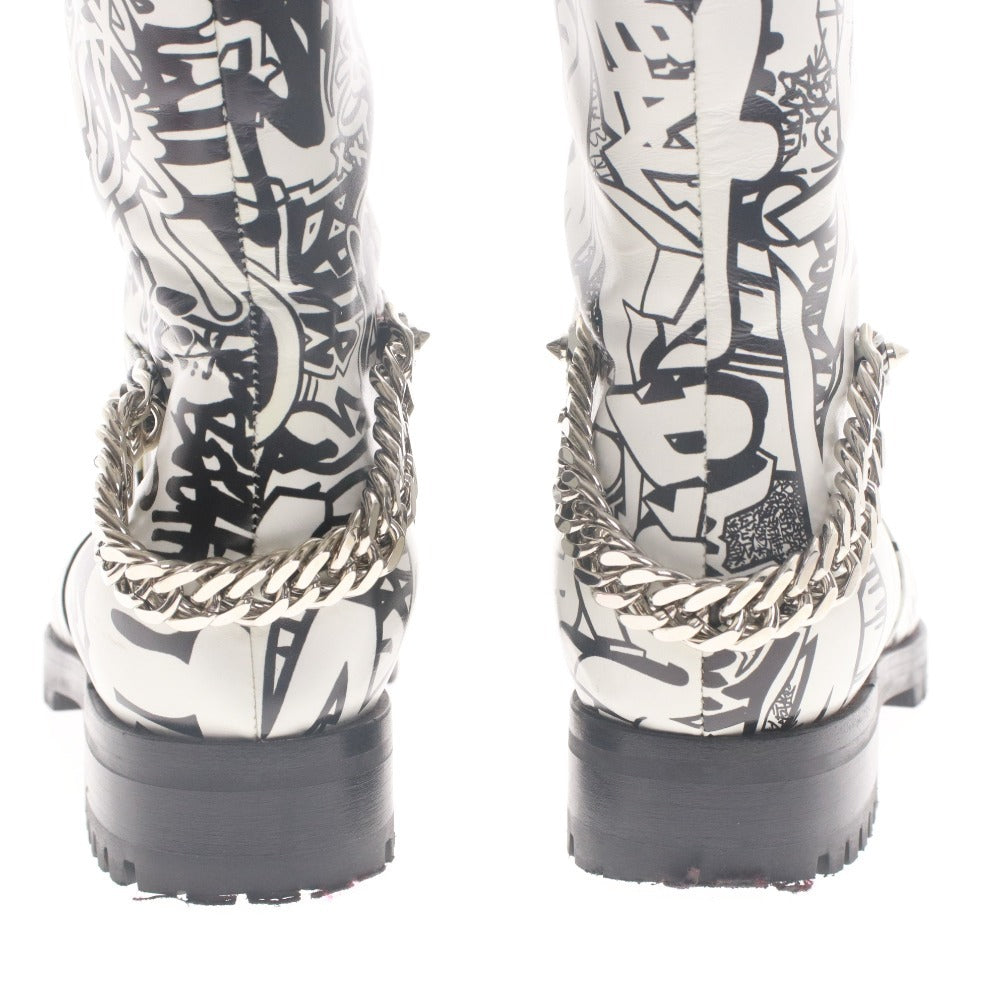 ■ Christian Louboutin クリスチャンルブタン ロング ブーツ シューズ 靴 総柄 メンズ レディース 37 (23.5cm相当) ホワイト ブラック