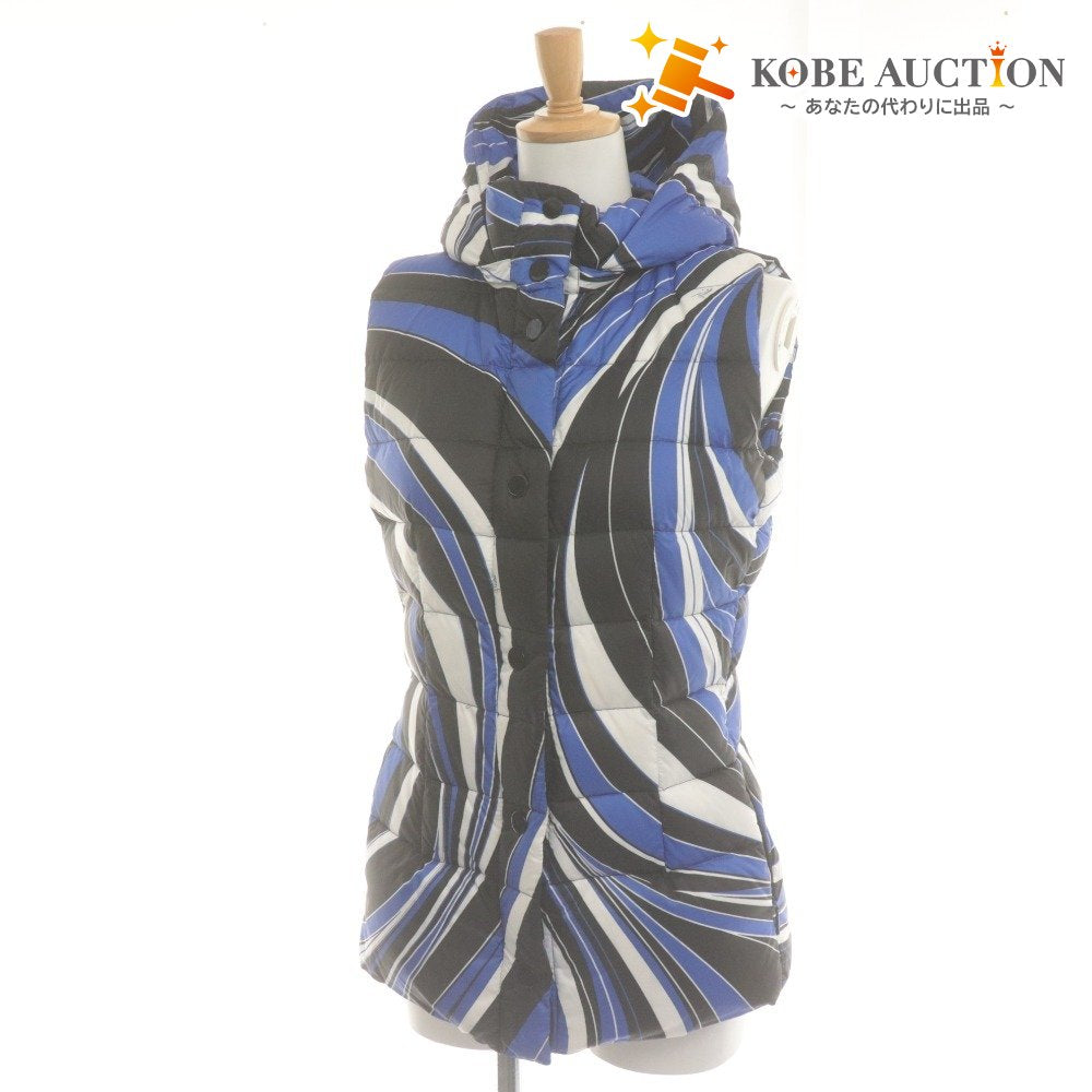 ■ Emilio Pucci エミリオプッチ ダウンベスト ノースリーブ アウター 取り外し式フード 総柄 76YB06 レディース 38 (S相当) 白黒 ブルー