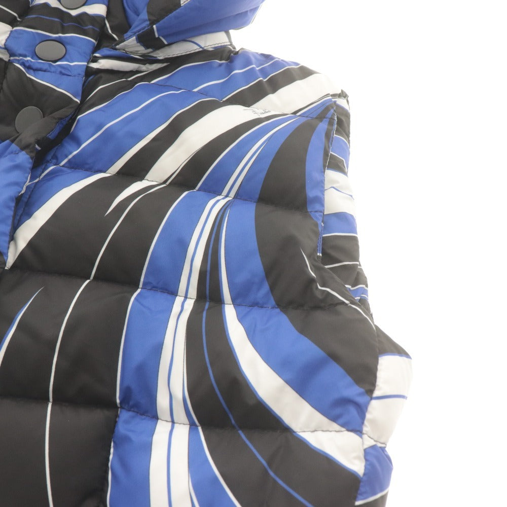 ■ Emilio Pucci エミリオプッチ ダウンベスト ノースリーブ アウター 取り外し式フード 総柄 76YB06 レディース 38 (S相当) 白黒 ブルー