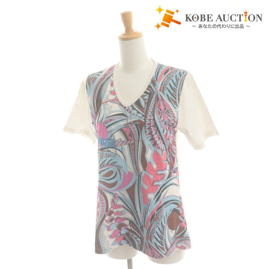 ■ EMILIO PUCCI エミリオプッチ Tシャツ 半袖 トップス プッチ柄 Vネック コットン レディース S ホワイト系
