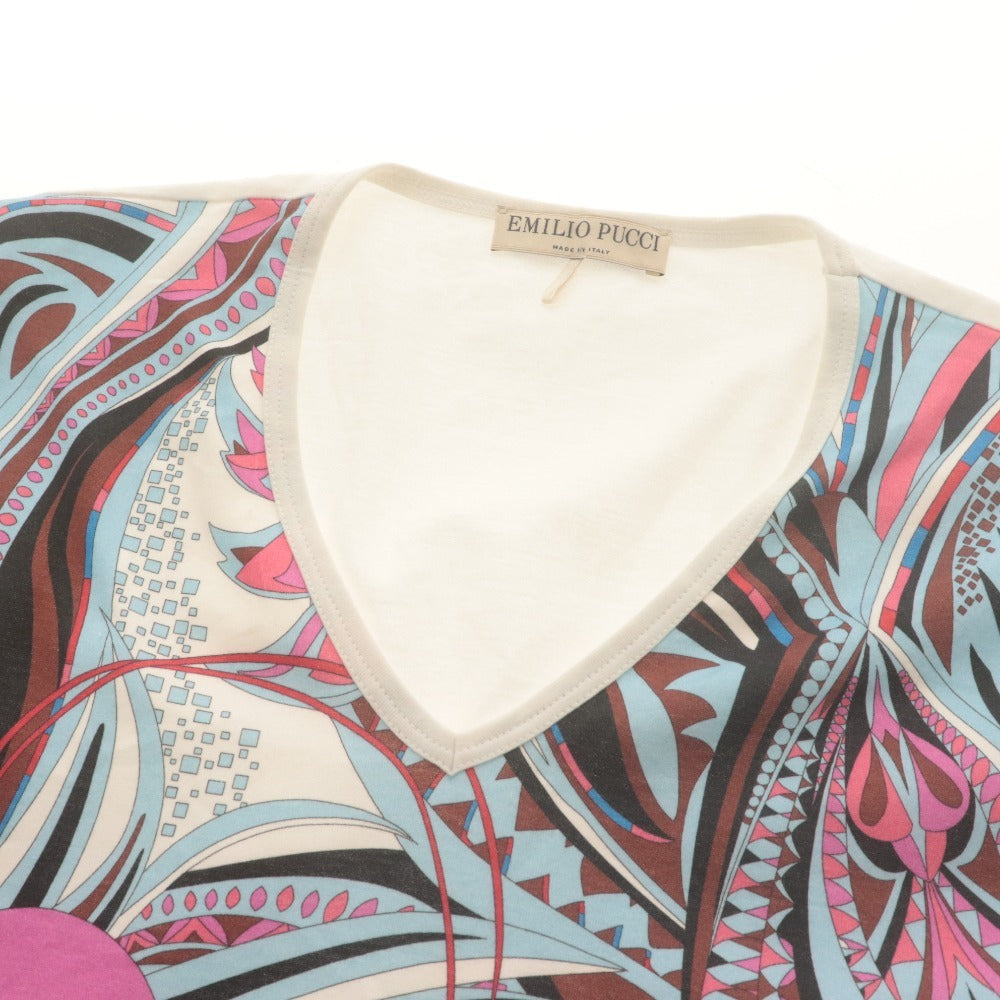 ■ EMILIO PUCCI エミリオプッチ Tシャツ 半袖 トップス プッチ柄 Vネック コットン レディース S ホワイト系