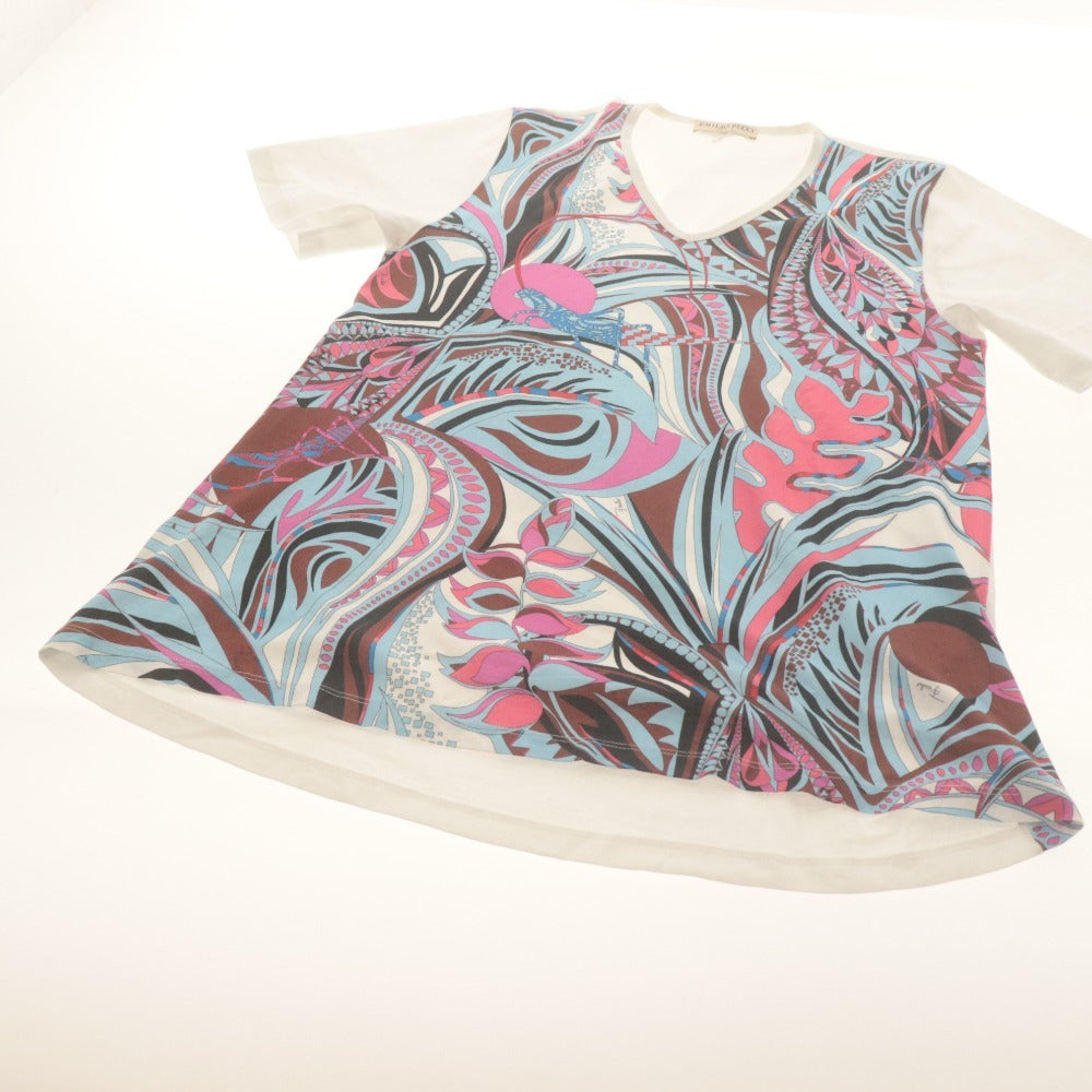 ■ EMILIO PUCCI エミリオプッチ Tシャツ 半袖 トップス プッチ柄 Vネック コットン レディース S ホワイト系