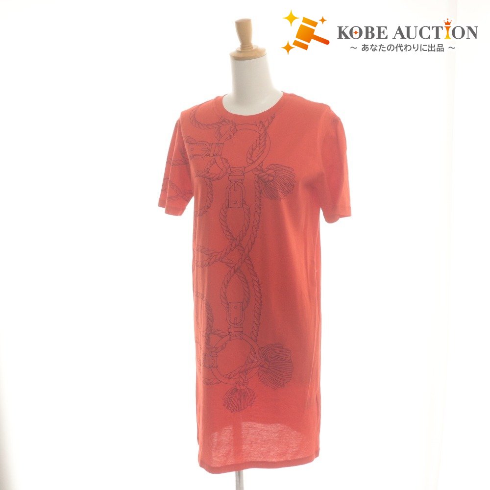 ■ HERMES エルメス Tシャツ ワンピース 半袖 トップス コットン 柄 レディース 34 オレンジ系