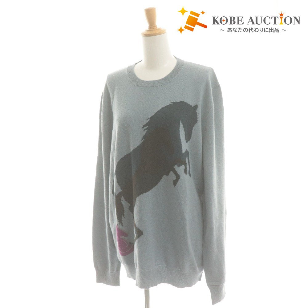 ■ HERMES セーター 長袖 トップス ニット Chess and Shadow 馬 チェス駒 カシミヤ レディース メンズ XXL ブルーグレー系 タグ付き 美品