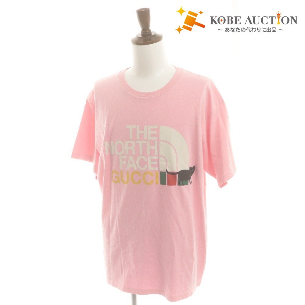 ■ グッチ×ノースフェイス GUCCI × THENORTHFACE Tシャツ 半袖 トップス コラボ ロゴ 黒猫 メンズ M ピンク系