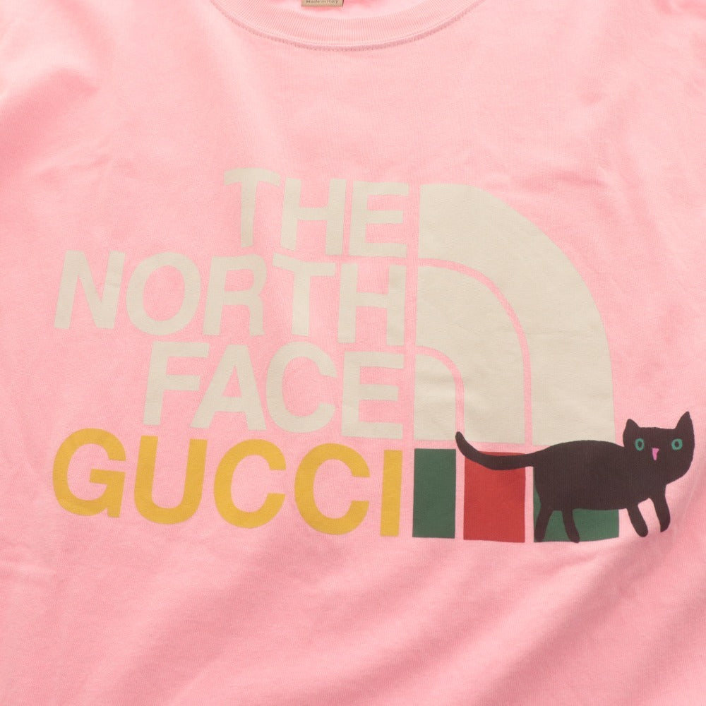 ■ グッチ×ノースフェイス GUCCI × THENORTHFACE Tシャツ 半袖 トップス コラボ ロゴ 黒猫 メンズ M ピンク系